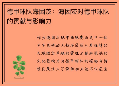 德甲球队海因茨：海因茨对德甲球队的贡献与影响力
