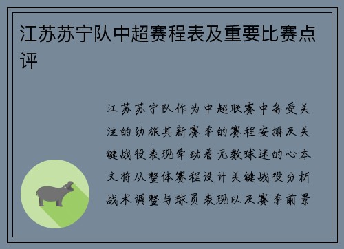 江苏苏宁队中超赛程表及重要比赛点评